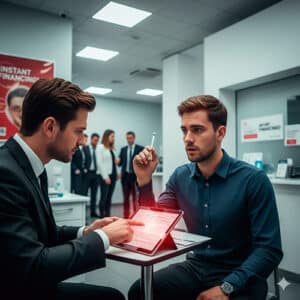 La imagen muestra a una persona (el consumidor) sentada frente a un representante de ventas o financiero, probablemente en un concesionario, clínica o tienda. El representante le está mostrando un contrato en una tablet, con el dedo apuntando rápidamente, mientras el consumidor mira con una expresión de perplejidad o confusión, sosteniendo un bolígrafo. De fondo, se vislumbran más personas y un ambiente comercial. Sobre ellos, flota un gran símbolo de porcentaje en neón rojo, destacando los altos intereses