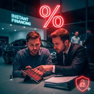 magen que enfoque directamente en la compra de un coche y la firma de un crédito, transmitiendo la idea de falta de transparencia o riesgo.