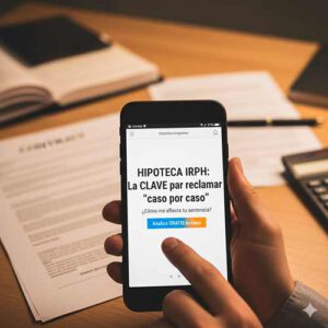 Mano de un afectado por IRPH tocando pantalla de móvil con mensaje "Analiza GRATIS tu caso"