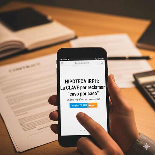 Mano de un afectado por IRPH tocando pantalla de móvil con mensaje "Analiza GRATIS tu caso"